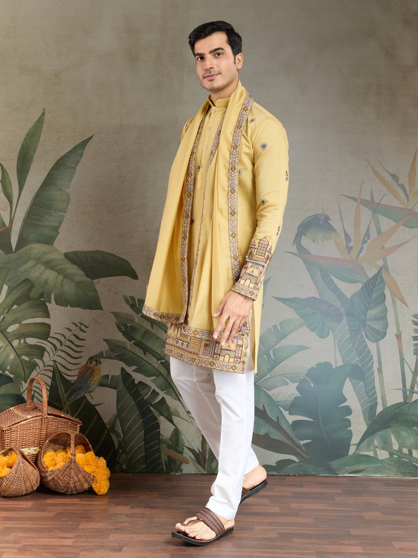 Haldi Special Yellow Embroidered Kurta Pajama with Dupatta Set for Men