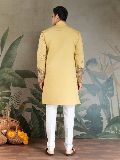 Haldi Special Yellow Embroidered Kurta Pajama with Dupatta Set for Men