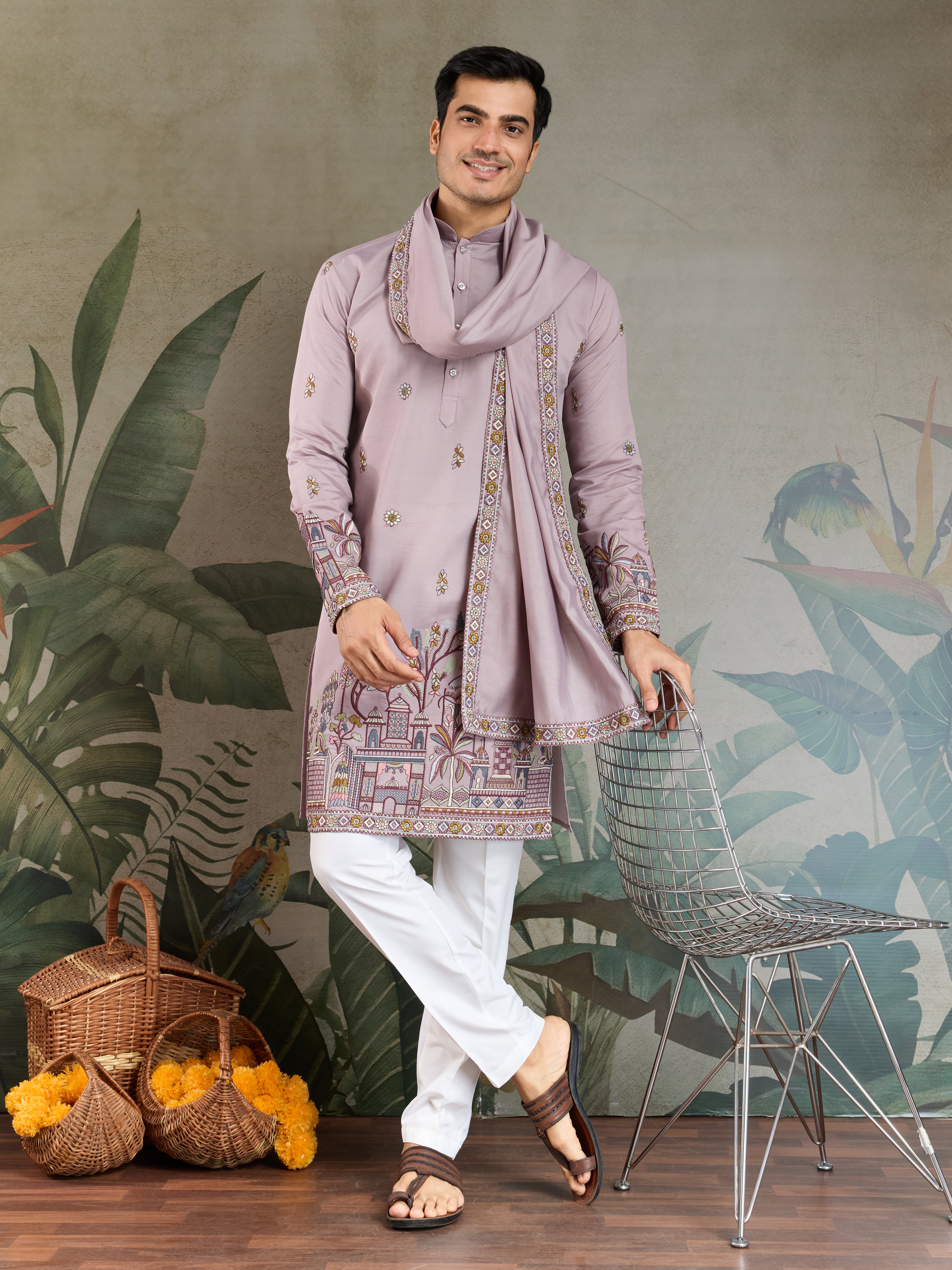 Traditional Dusty Pink Embroidered Kurta Dupatta with Pajama