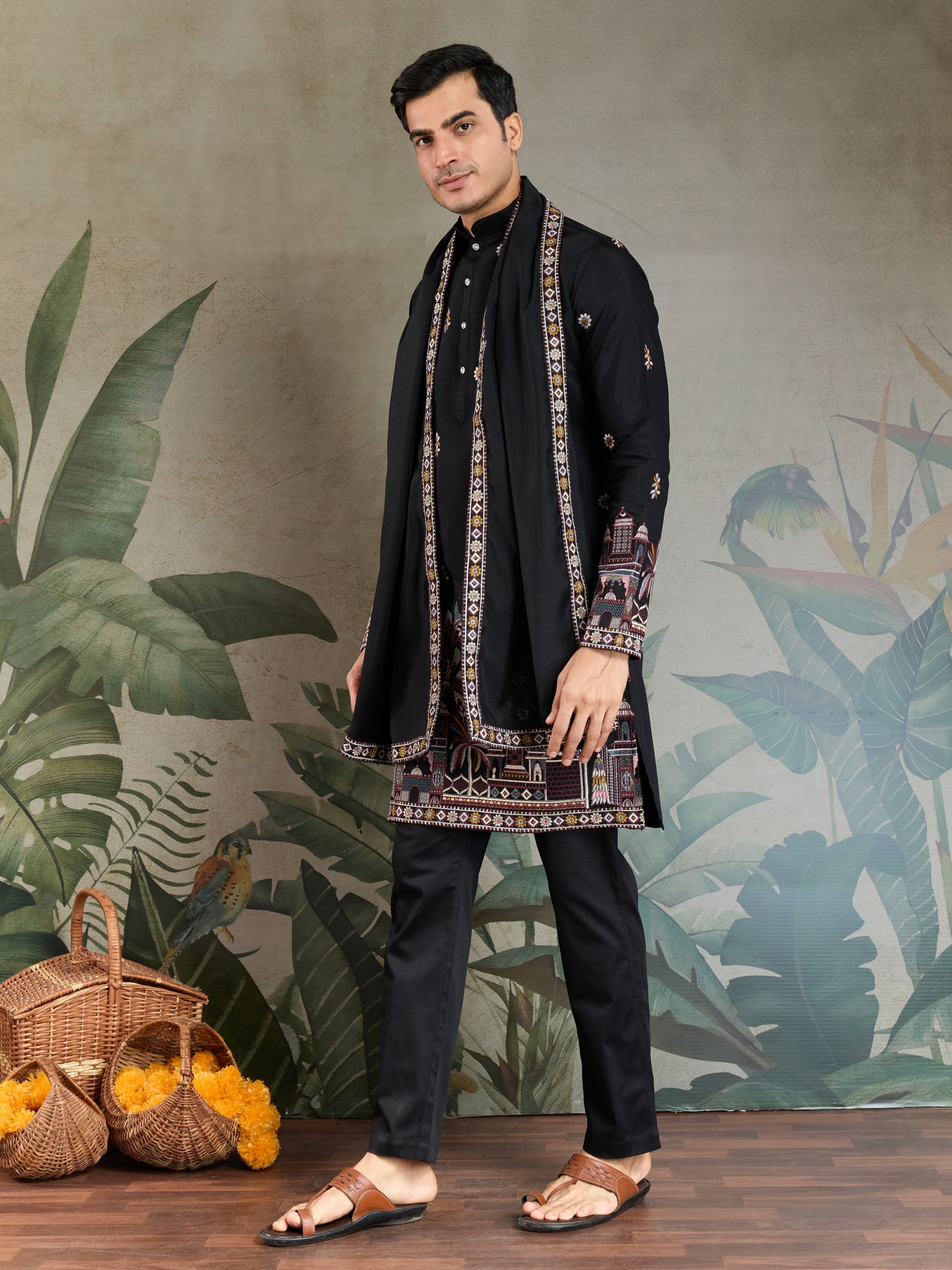 Classic Black Kurta Pajama for Men with Rich Embroidery