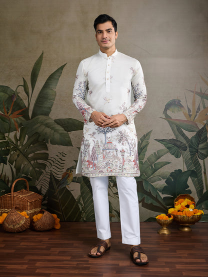Designer White Silk printed kurta for men