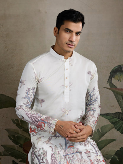 Designer White Silk printed kurta for men