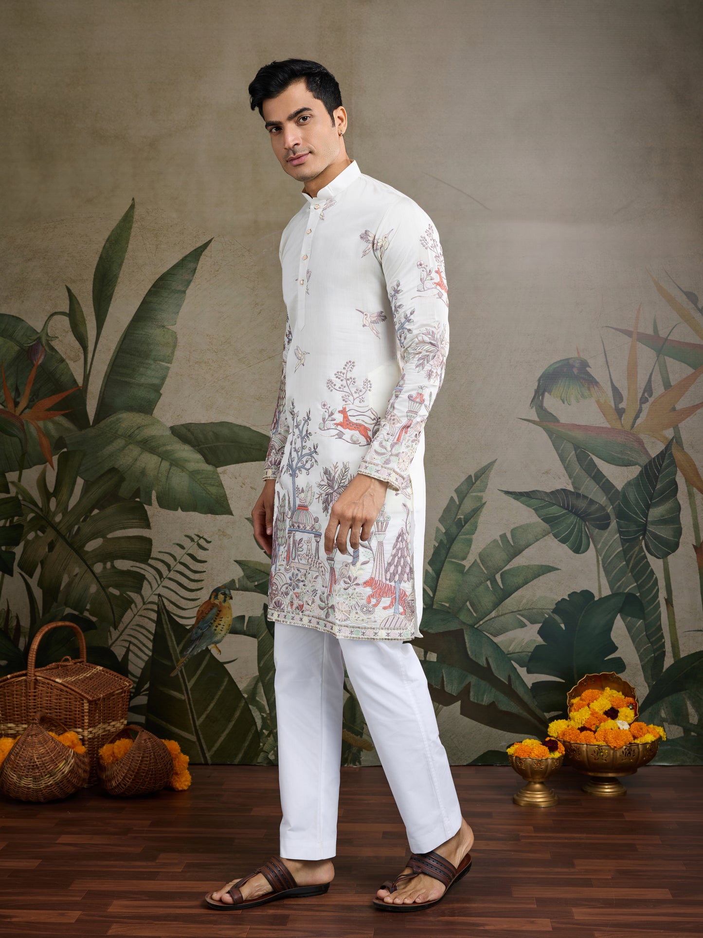 Designer White Silk printed kurta for men