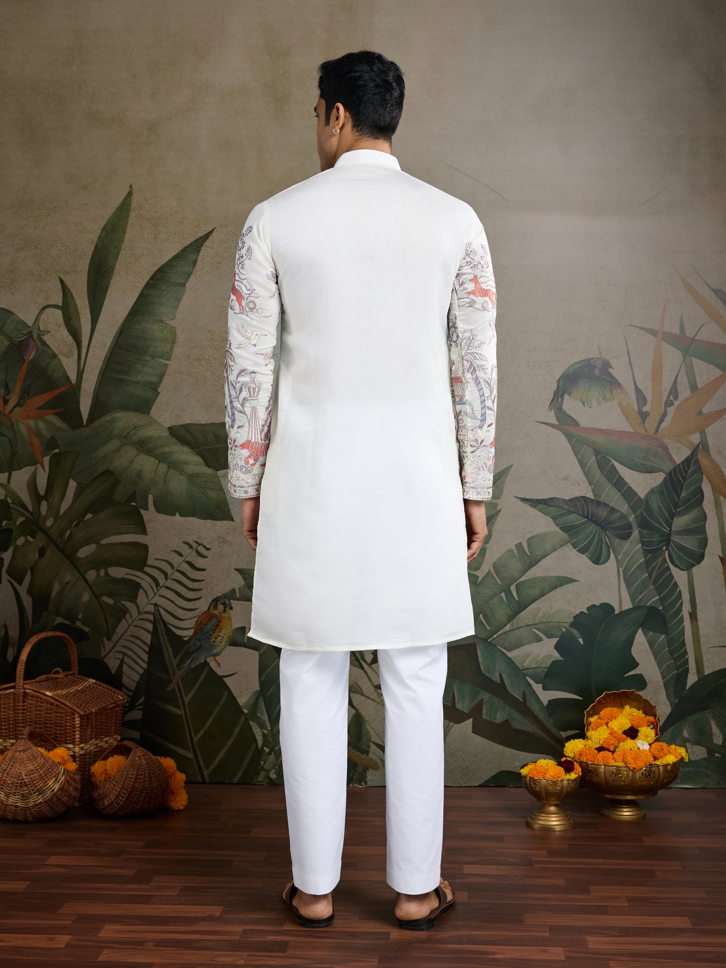 Designer White Silk printed kurta for men