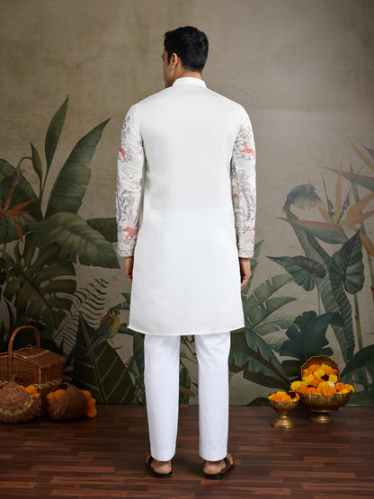 Designer White Silk printed kurta for men