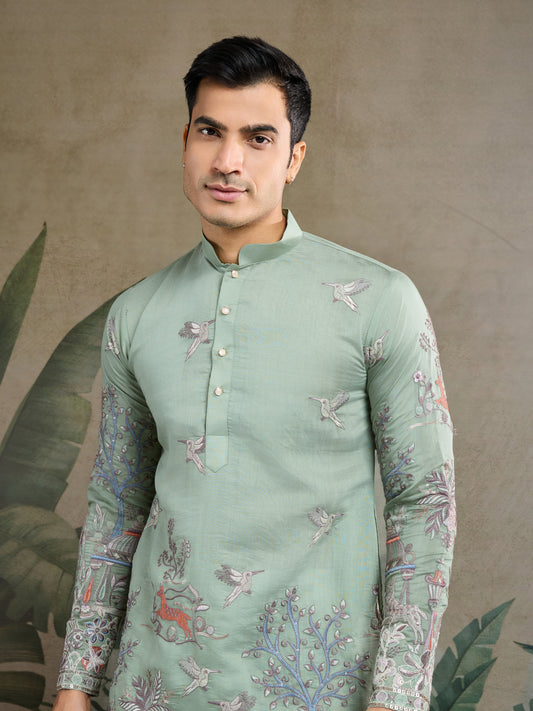 Premium Pista Green Viscose Silk party wear kurta for men