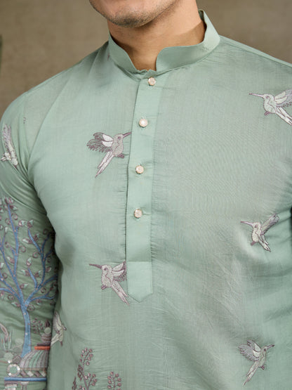 Premium Pista Green Viscose Silk party wear kurta for men