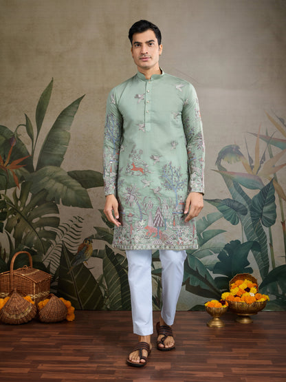 Premium Pista Green Viscose Silk party wear kurta for men