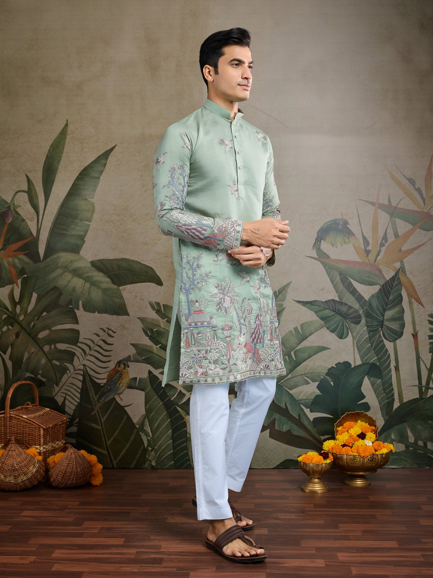 Premium Pista Green Viscose Silk party wear kurta for men