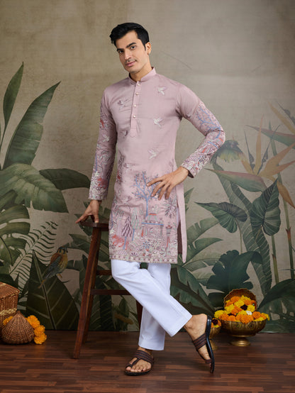 Designer Peach Viscose Silk fancy kurtas for men