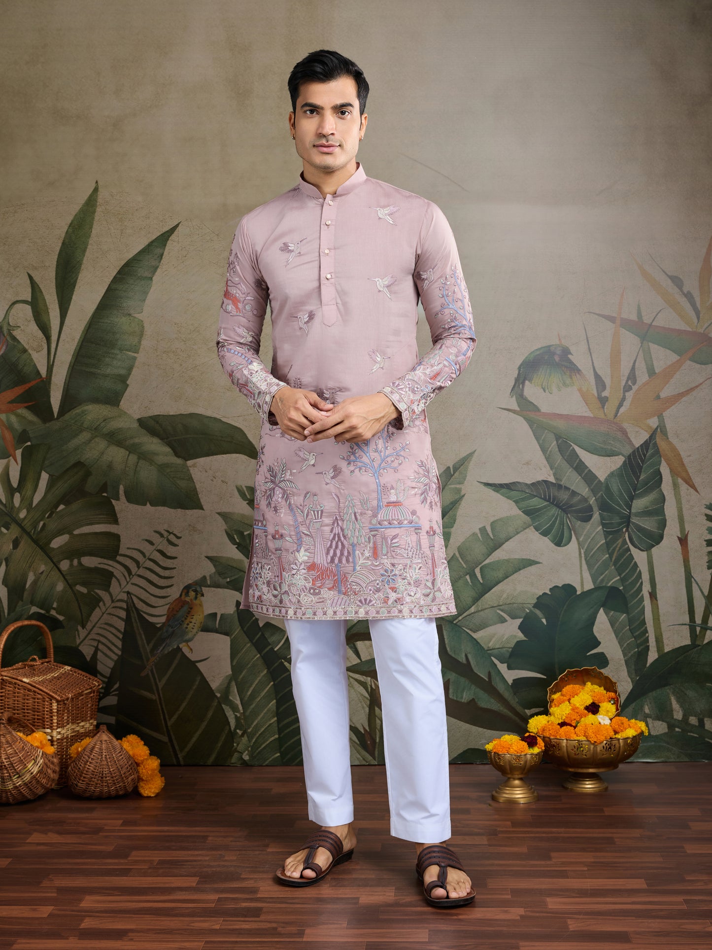 Designer Peach Viscose Silk fancy kurtas for men