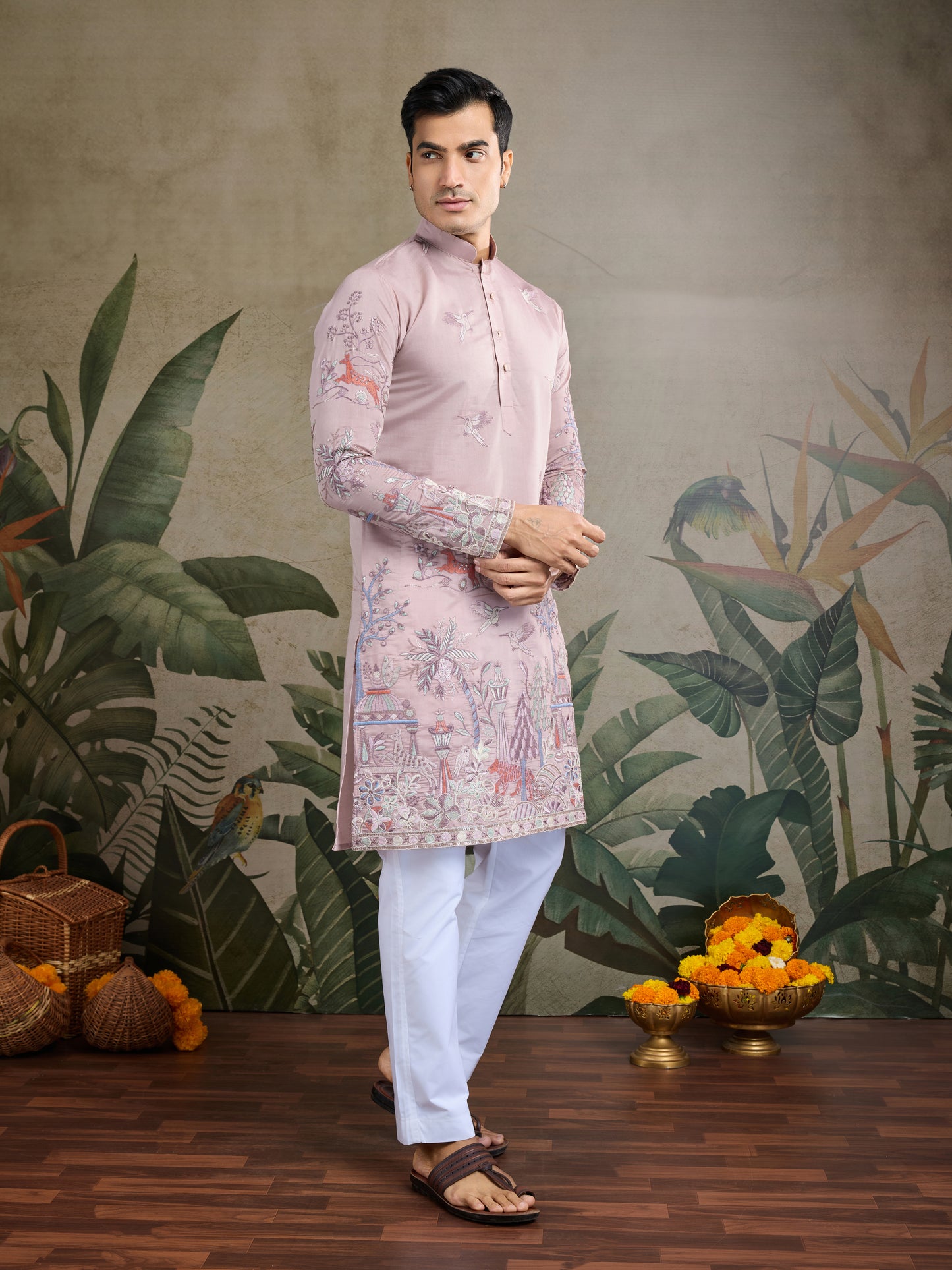 Designer Peach Viscose Silk fancy kurtas for men