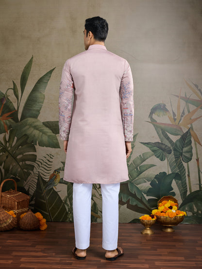 Designer Peach Viscose Silk fancy kurtas for men
