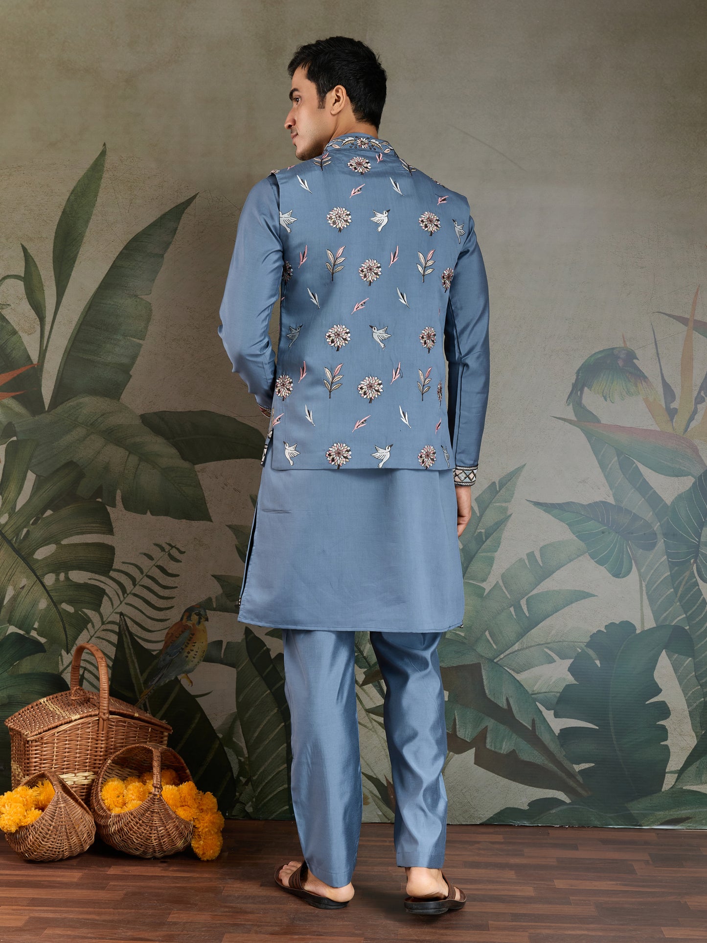 Blue Gray Open Koti Style Full Kurta Pajama Set for Men