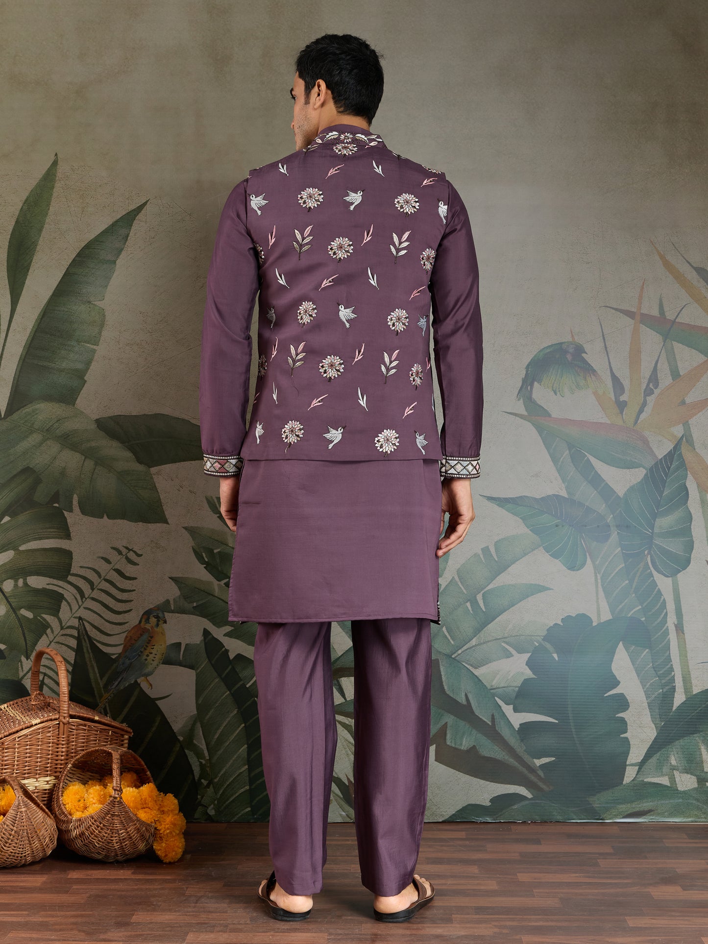 Rust Purple Open Koti Style Kurta Pajama Set for Men