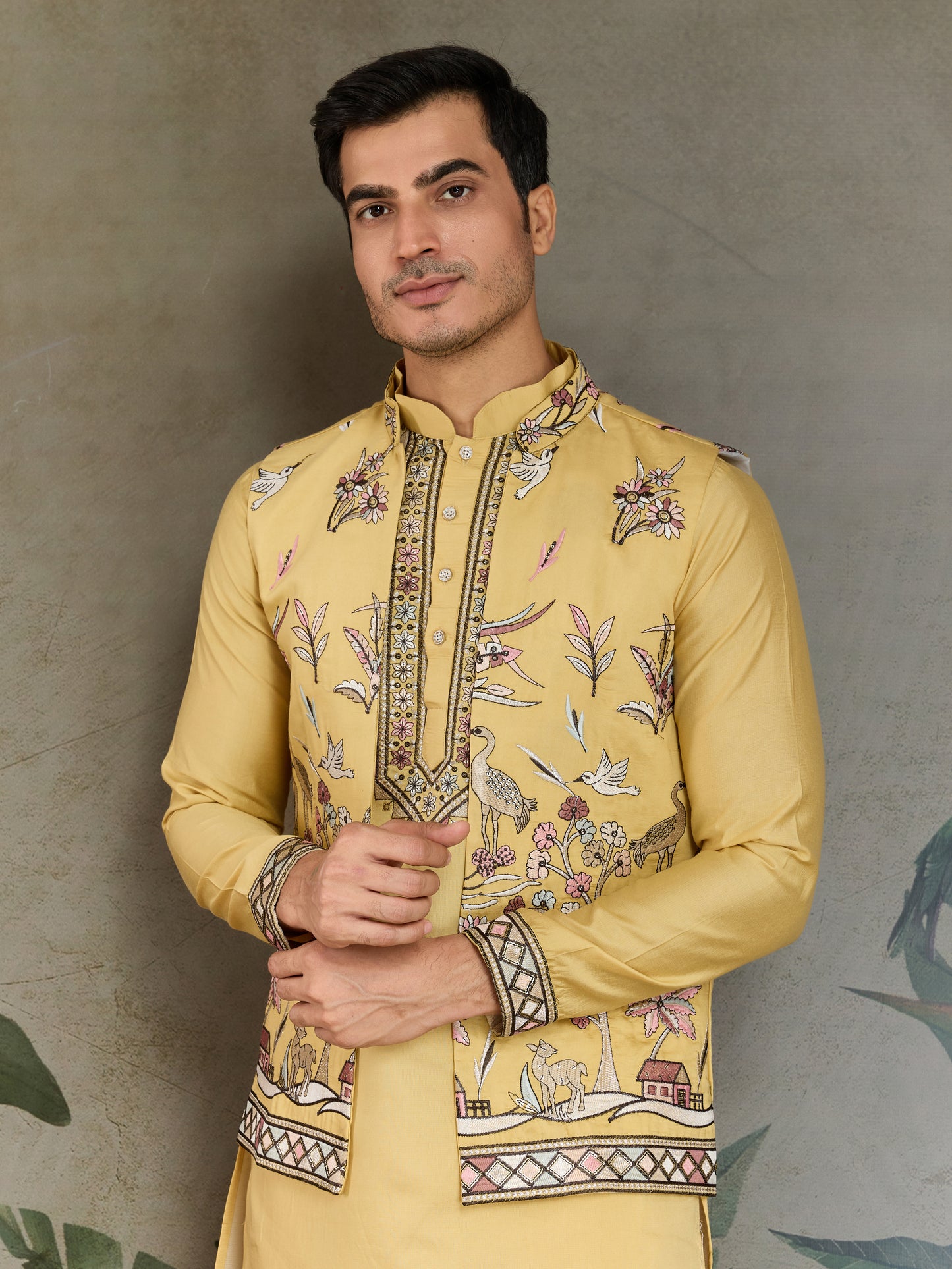 Haldi Special Yellow Kurta Pajama with Open Jacket for Men