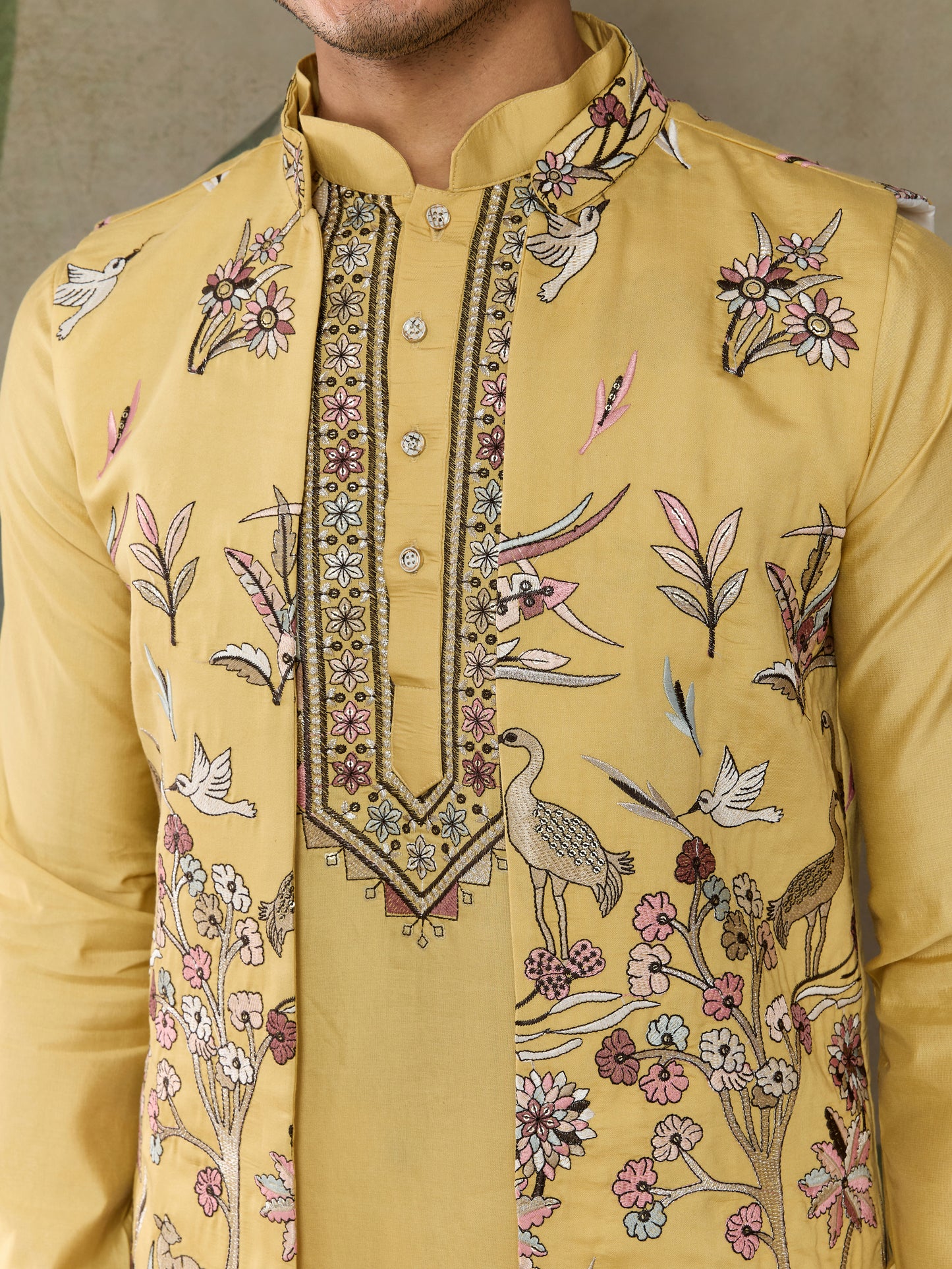 Haldi Special Yellow Kurta Pajama with Open Jacket for Men