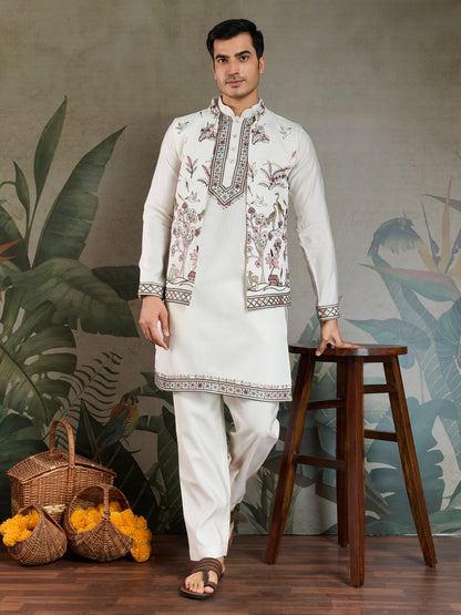 Wedding Special White Jacket Style Kurta Pajama Full Set