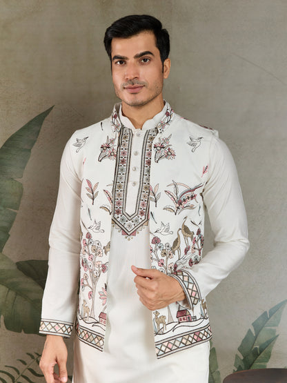 Wedding Special White Jacket Style Kurta Pajama Full Set