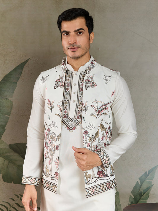 Wedding Special White Jacket Style Kurta Pajama Full Set