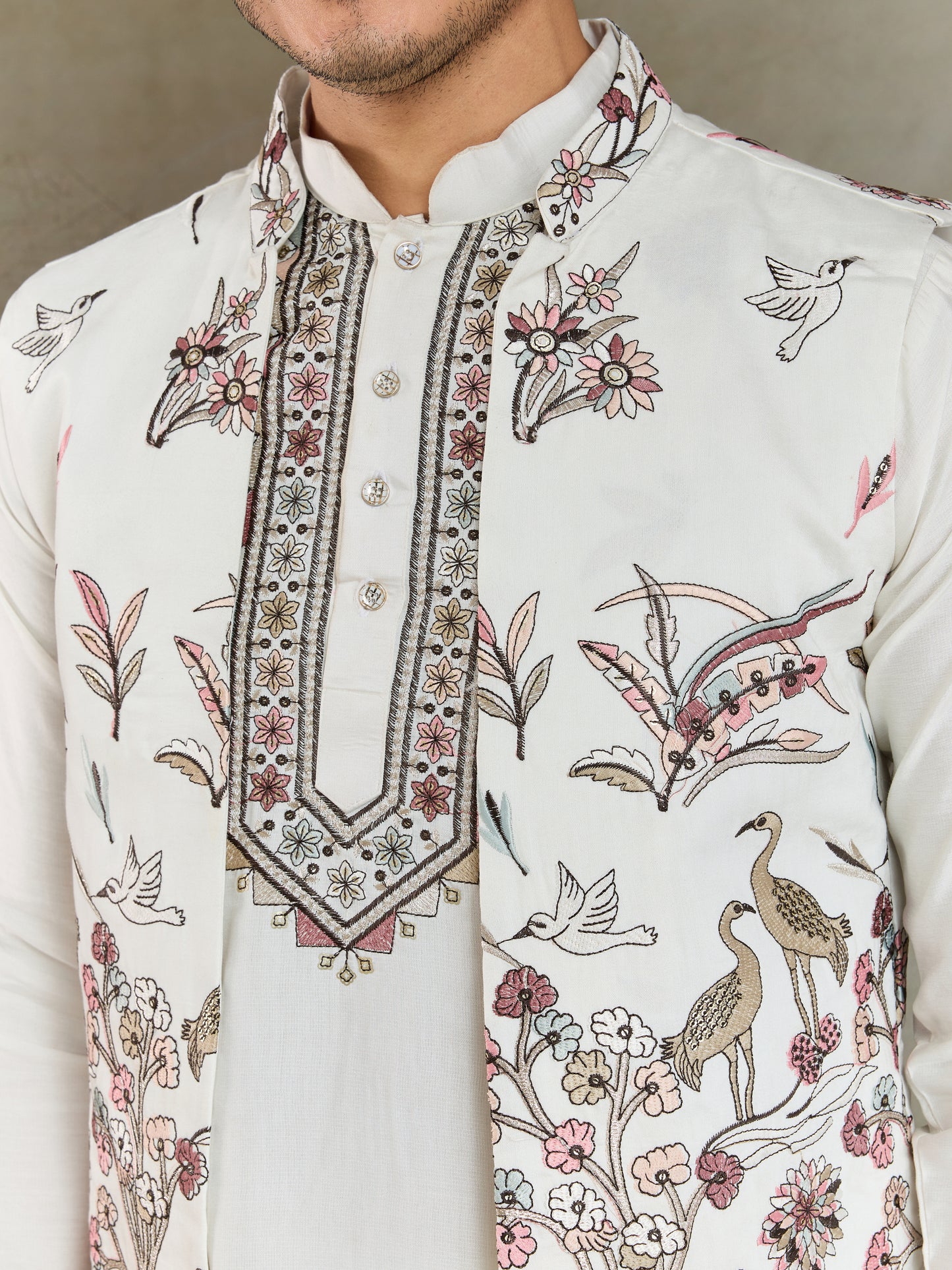 Wedding Special White Jacket Style Kurta Pajama Full Set