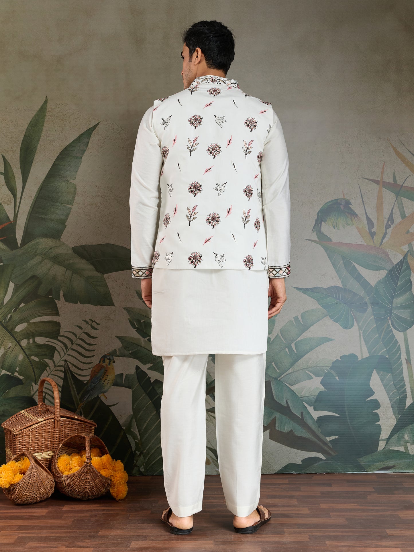Wedding Special White Jacket Style Kurta Pajama Full Set