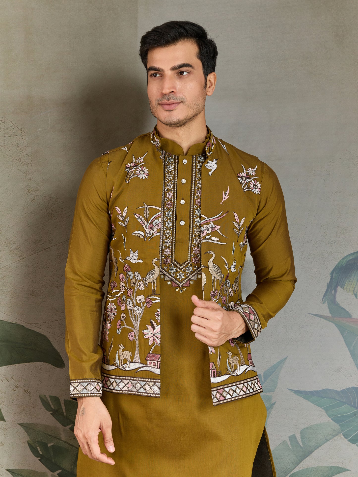 Golden Olive Open Koti Style Kurta Pajama Set for Men