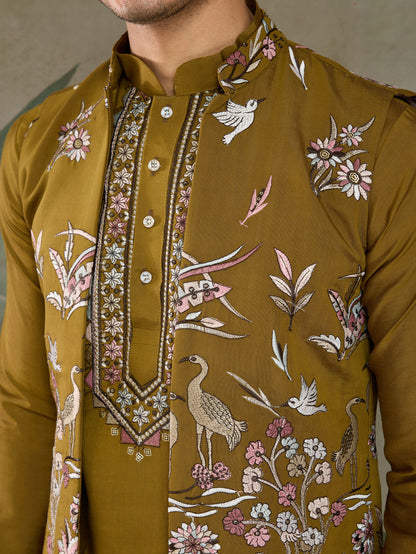 Golden Olive Open Koti Style Kurta Pajama Set for Men