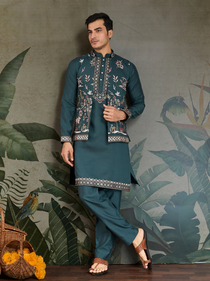 Traditional Green Kurta Pajama with Stylish Open Jacket