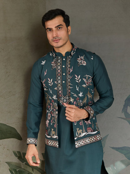 Traditional Green Kurta Pajama with Stylish Open Jacket