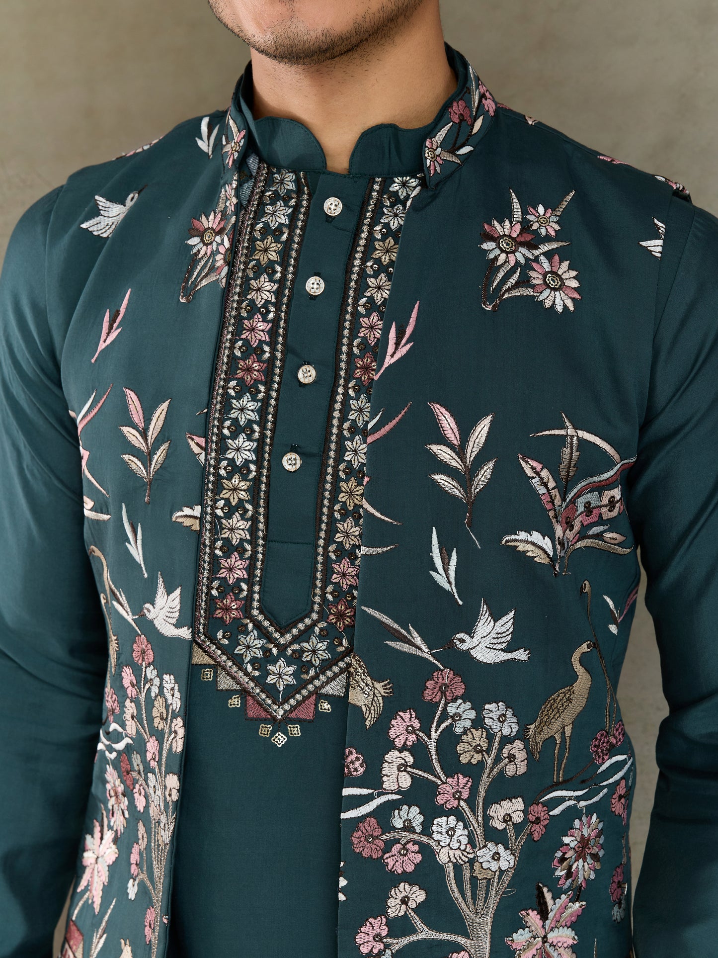 Traditional Green Kurta Pajama with Stylish Open Jacket