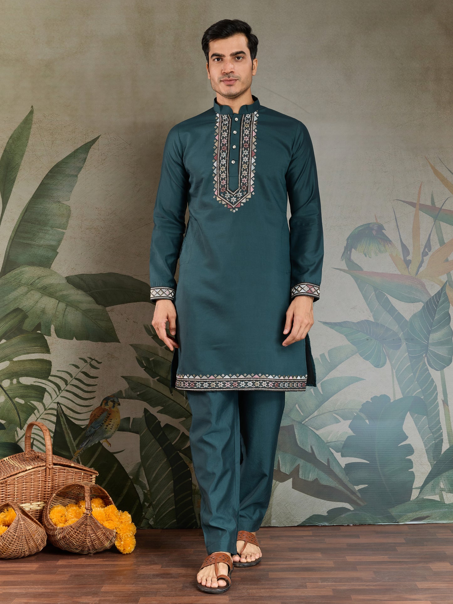 Traditional Green Kurta Pajama with Stylish Open Jacket