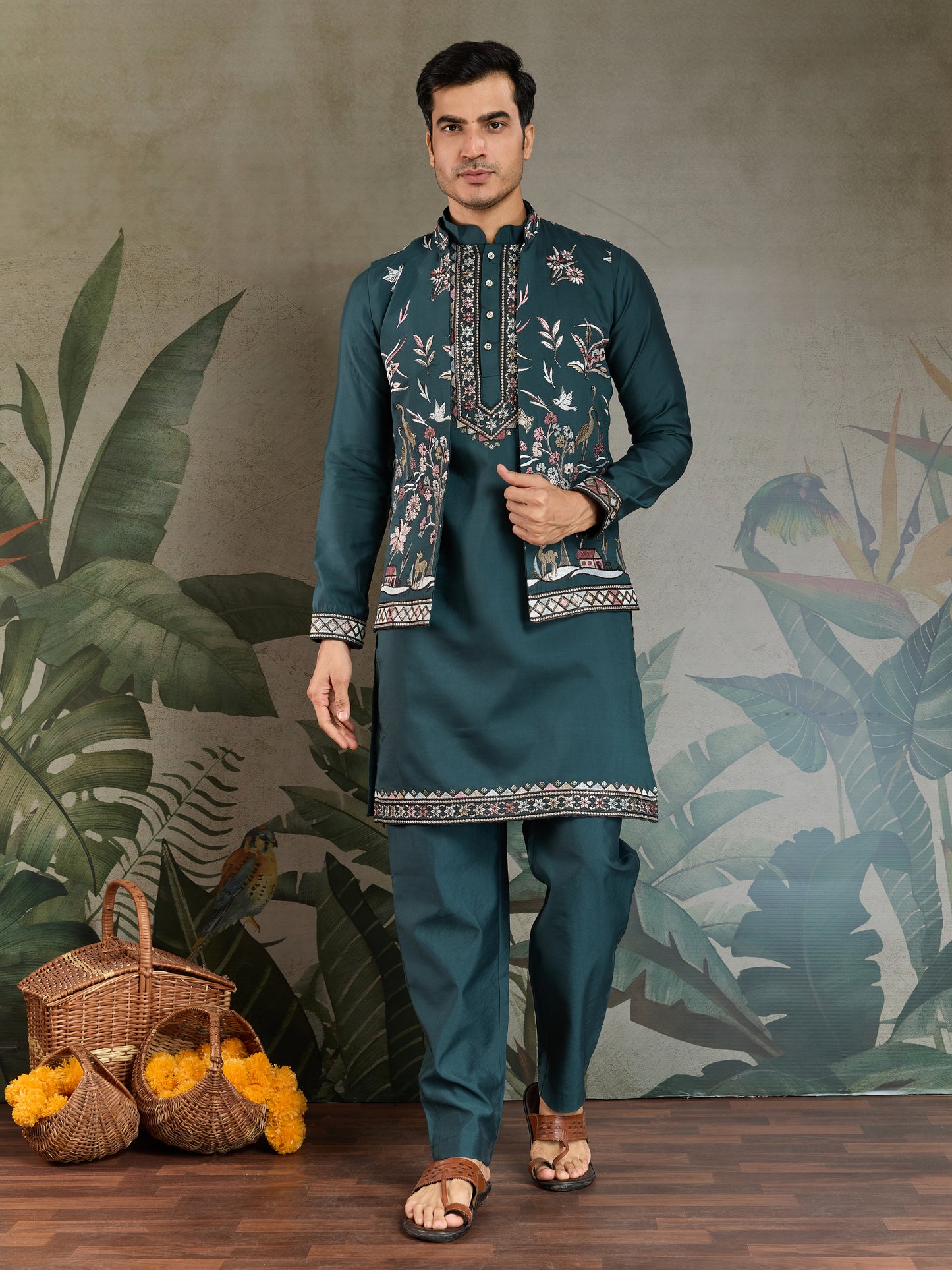 Traditional Green Kurta Pajama with Stylish Open Jacket