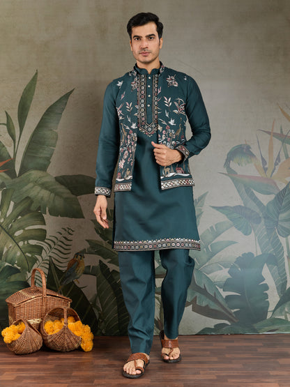 Traditional Green Kurta Pajama with Stylish Open Jacket