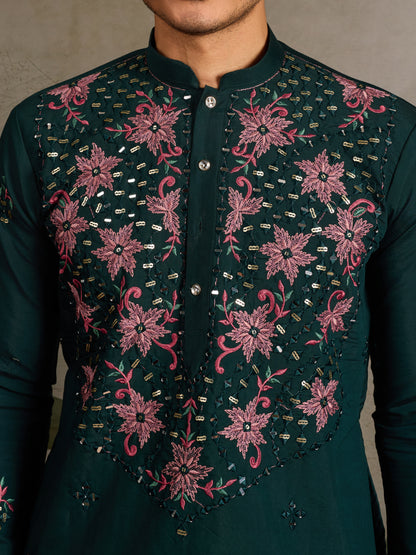 Party Look Green Mirror Embroidered Kurta Set for Men