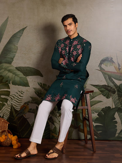 Party Look Green Mirror Embroidered Kurta Set for Men