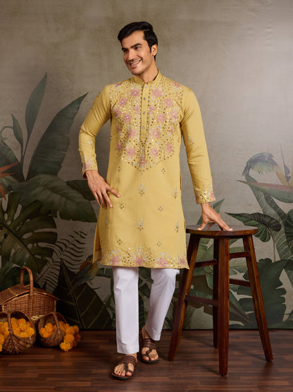 Haldi Special Outfit Mirror Work Mens Kurta Set
