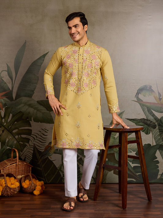 Haldi Special Outfit Mirror Work Mens Kurta Set