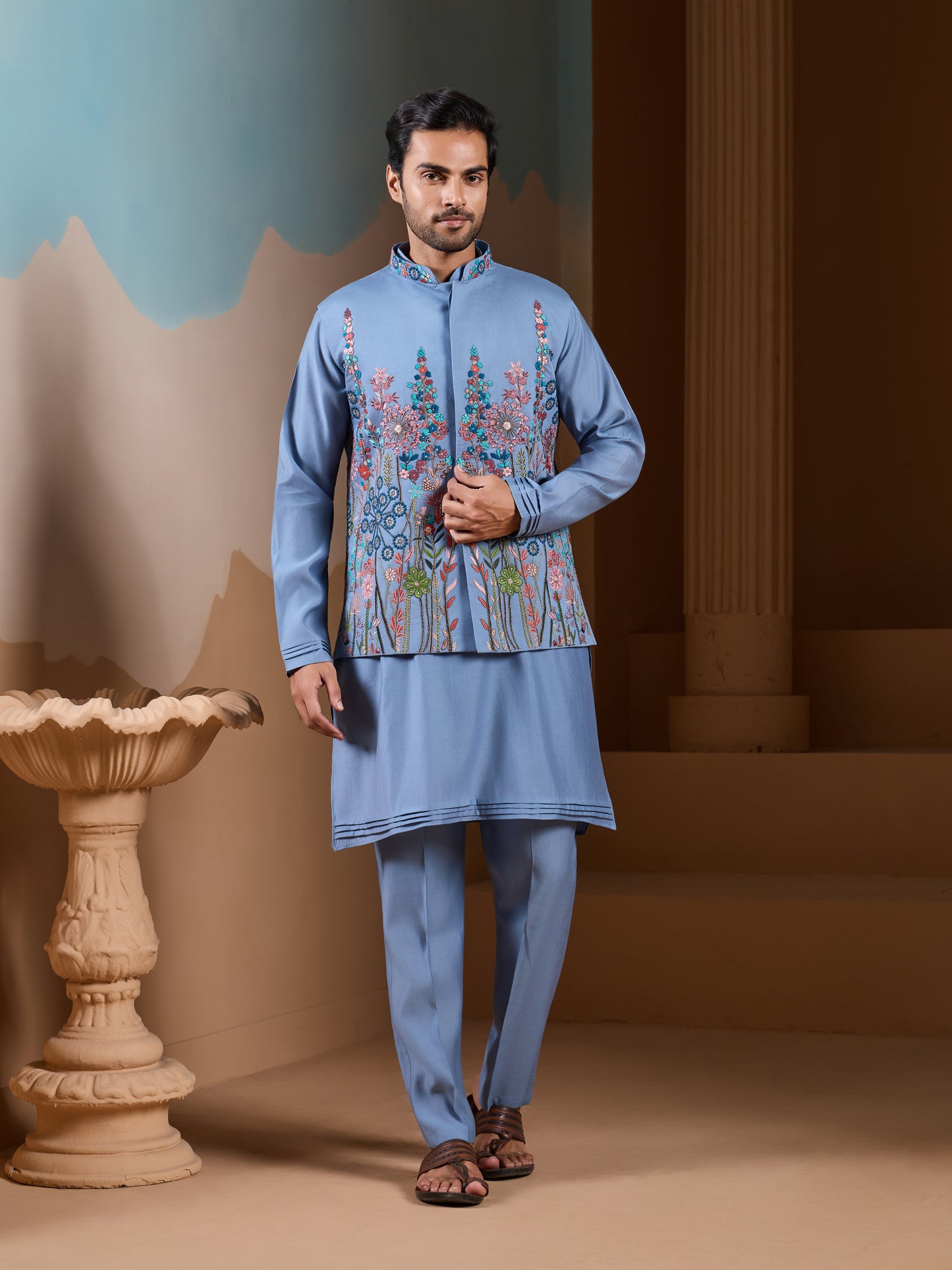 Vibrant Sky Blue Koti Kurta Pajama for Mens Outfits