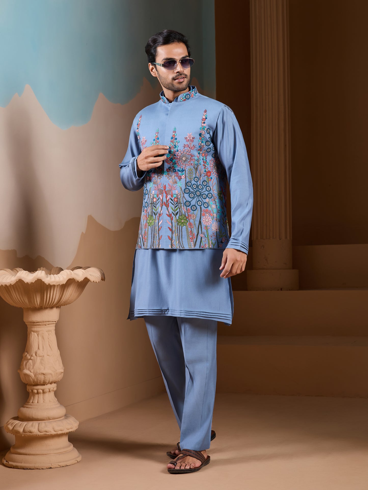 Vibrant Sky Blue Koti Kurta Pajama for Mens Outfits