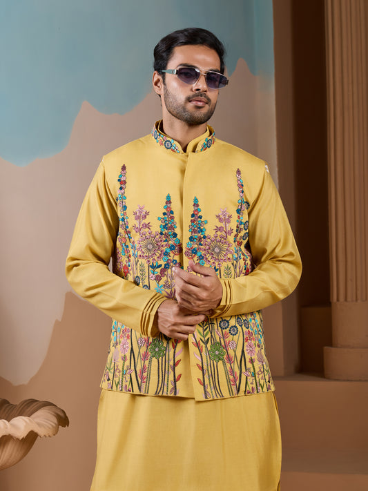 Haldi Ceremony Yellow Embroidered Koti Kurta Set for Mens