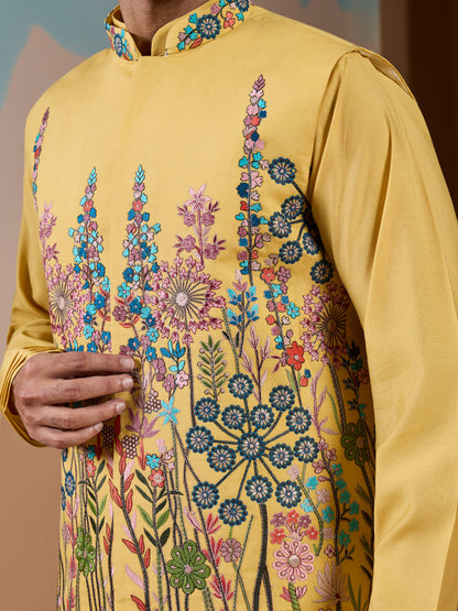 Haldi Ceremony Yellow Embroidered Koti Kurta Set for Mens