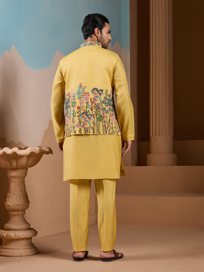 Haldi Ceremony Yellow Embroidered Koti Kurta Set for Mens