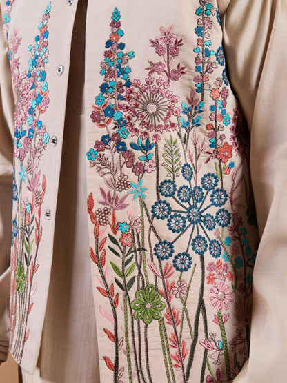 Elegant Fashionable Beige Koti Kurta Set for Mens Wear