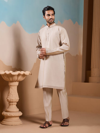 Elegant Fashionable Beige Koti Kurta Set for Mens Wear