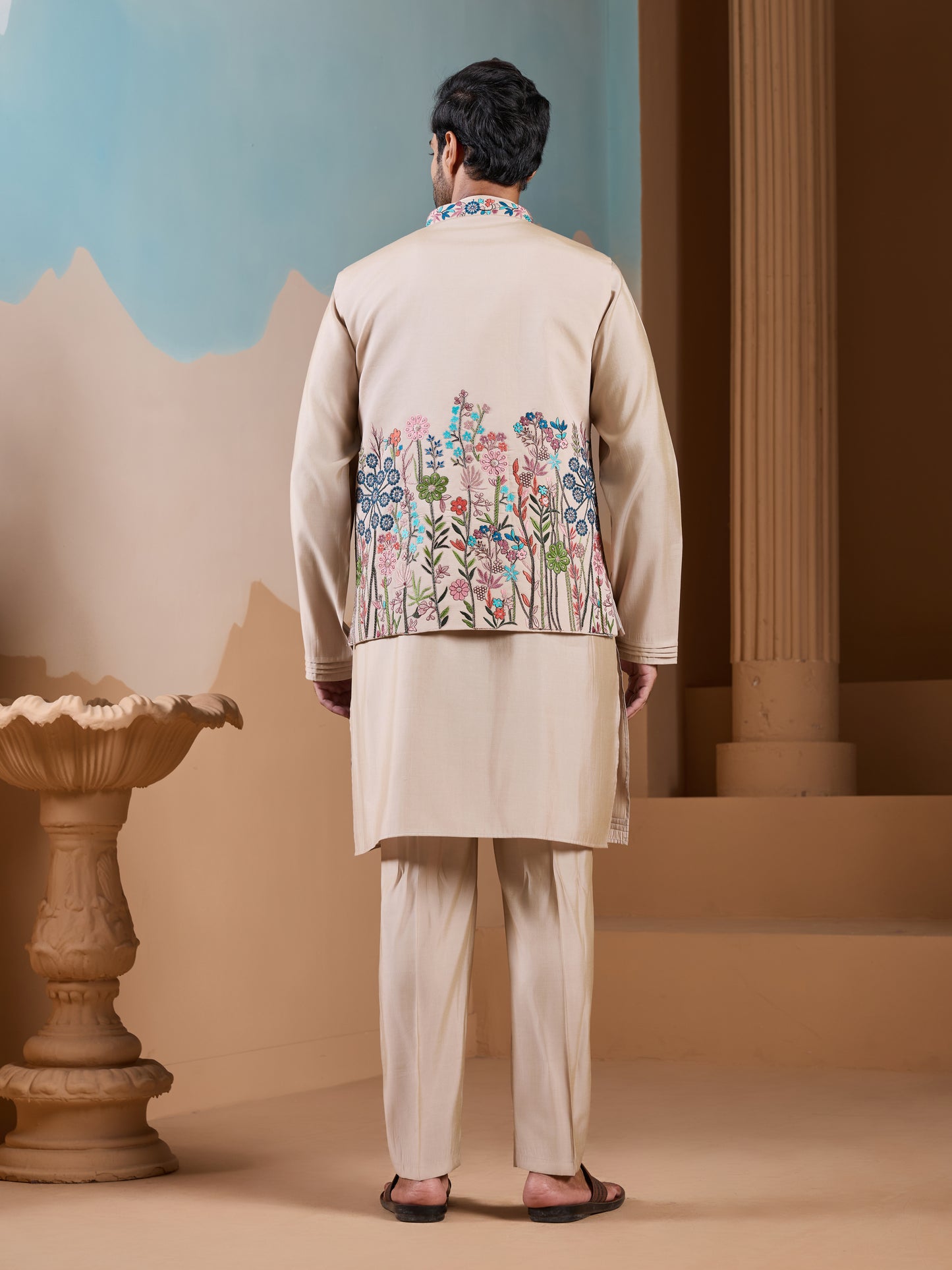 Elegant Fashionable Beige Koti Kurta Set for Mens Wear