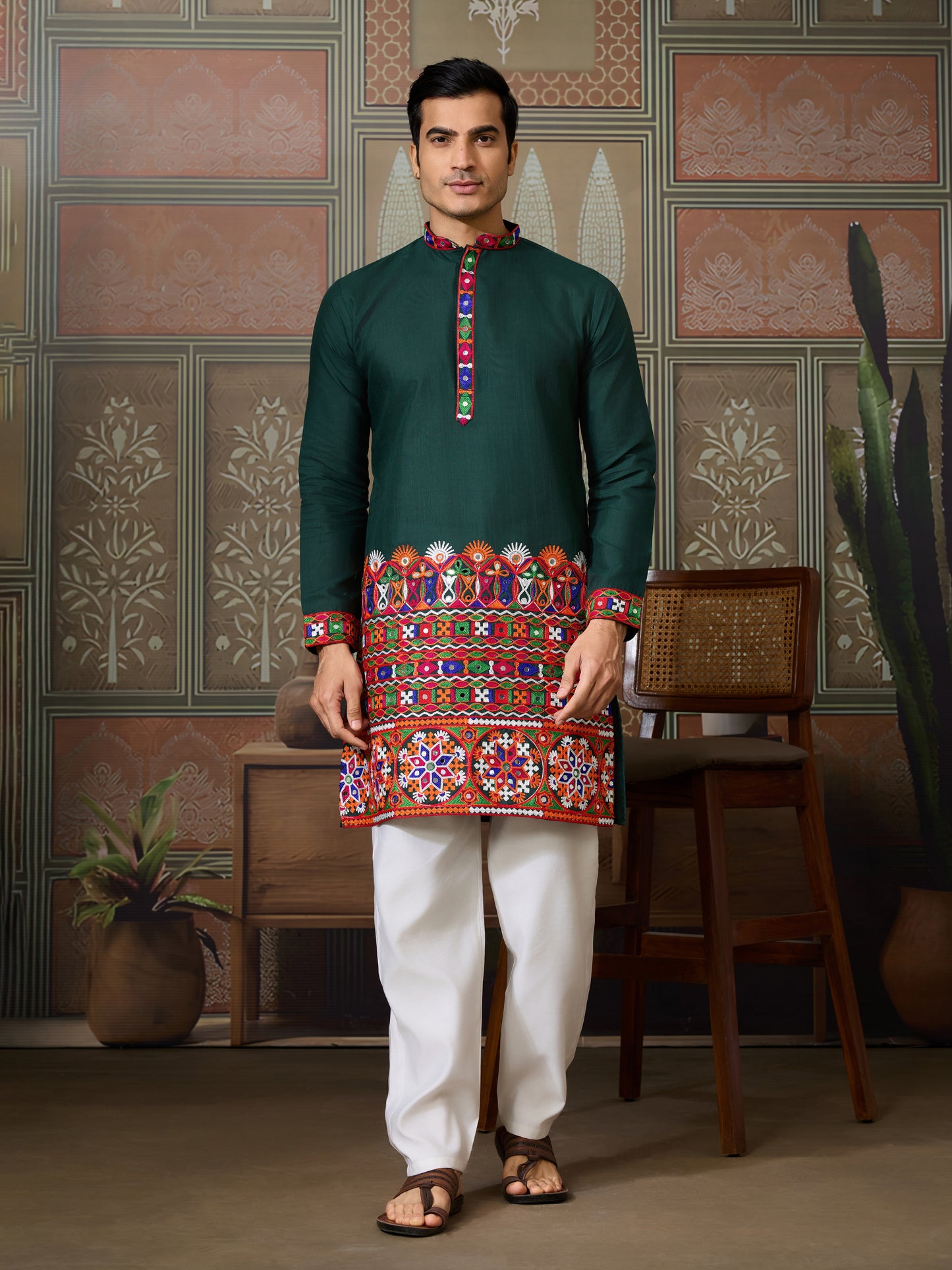 Navratri Style Green Cotton Readymade Kurta for Men
