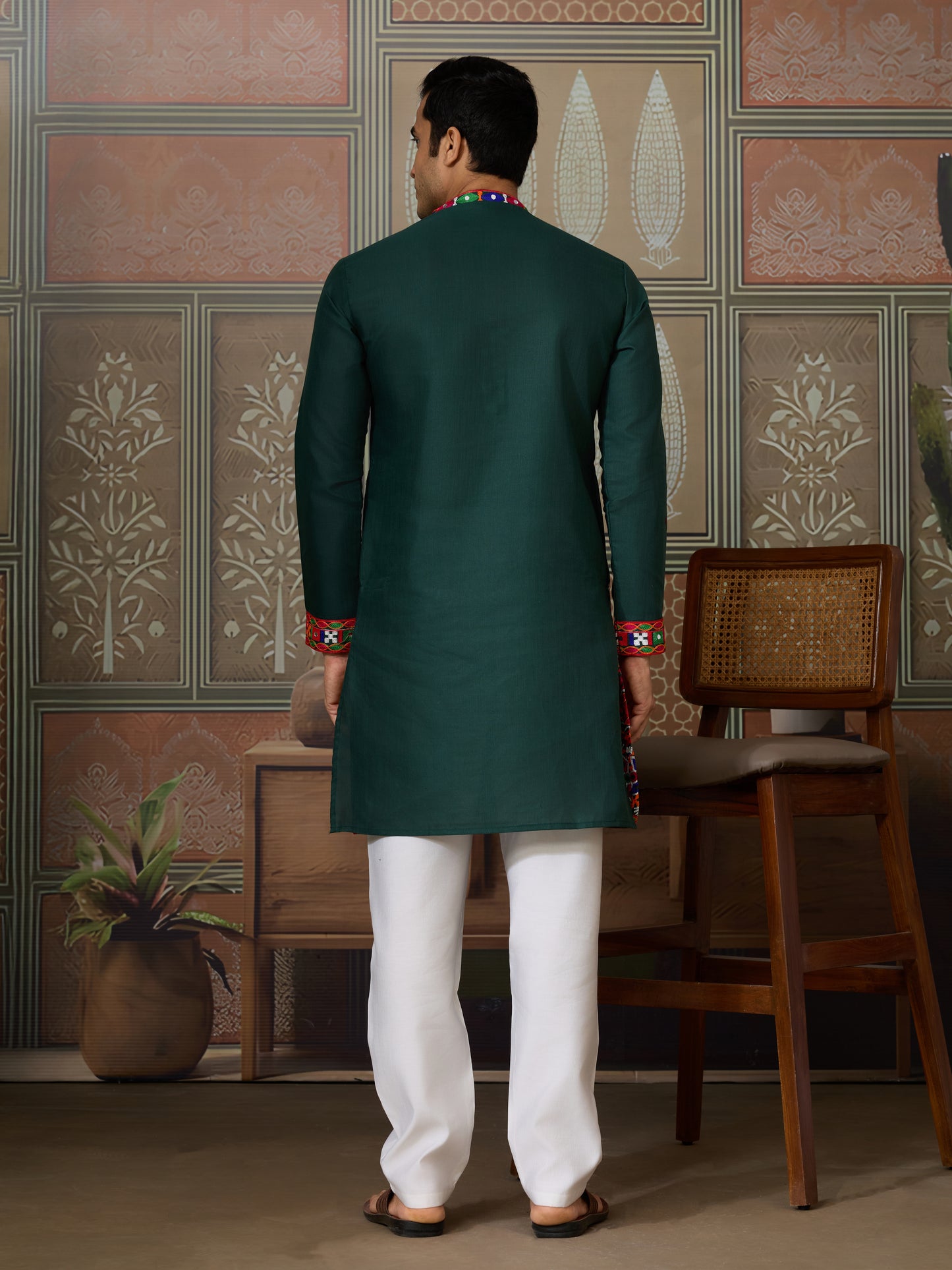 Navratri Style Green Cotton Readymade Kurta for Men