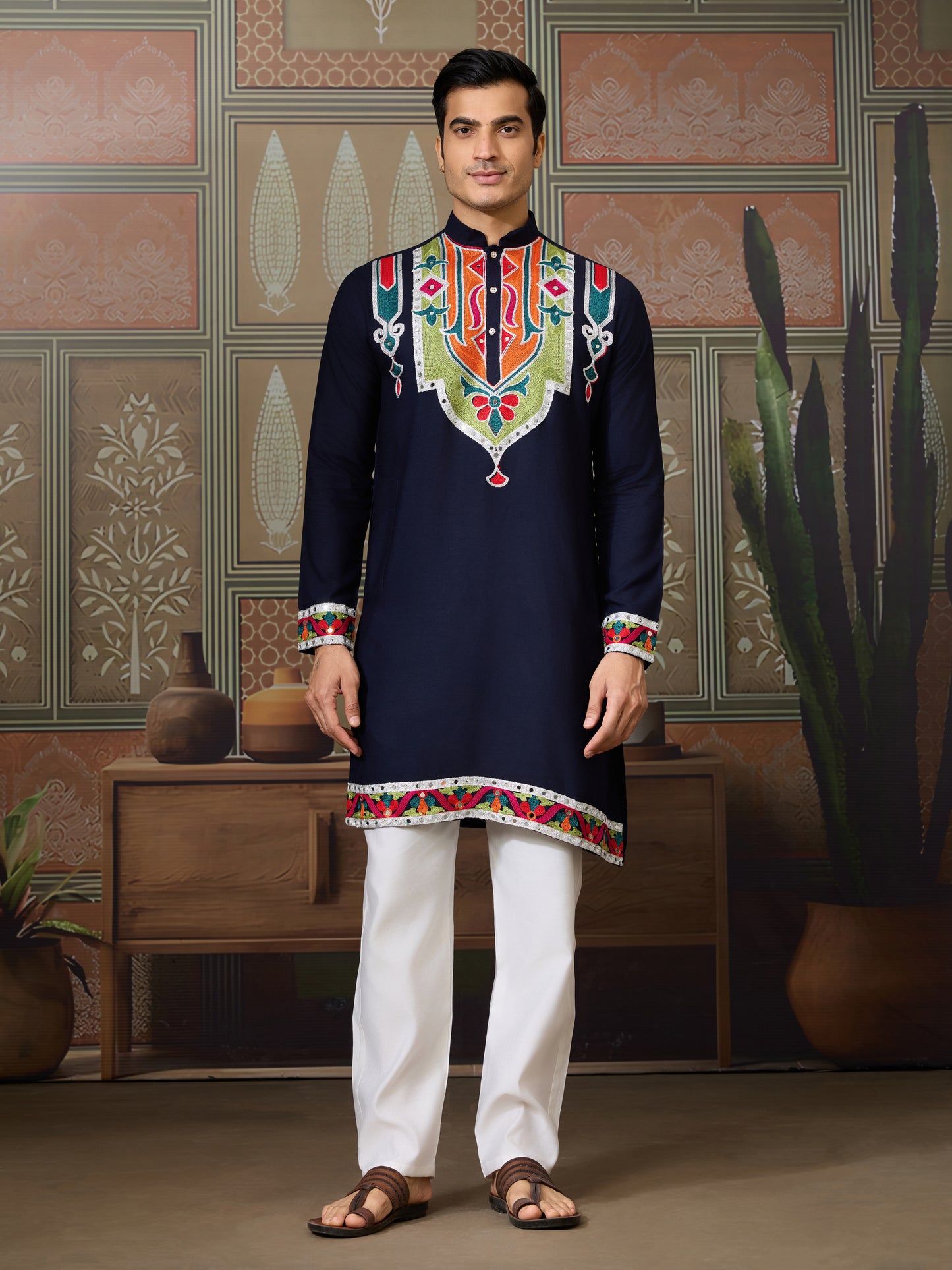 Navy Blue Embroidered Festival Wear Kurta for Men