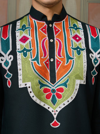 Green Embroidered Festival Wear Kurta for Men